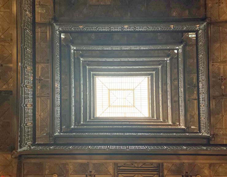Looking up nine stories to the atrium’s cast-iron, pyramid-shaped skylight. Photo: Carl Glassman/Tribeca Trib
